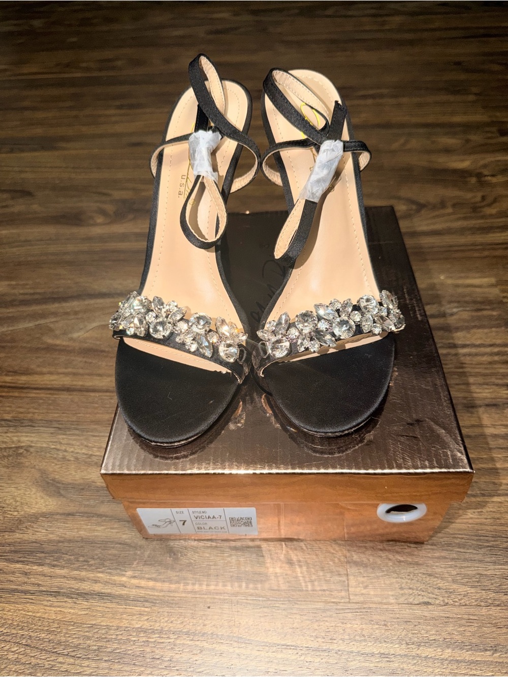 Crystal-Embellished Black Ankle-Strap Heels